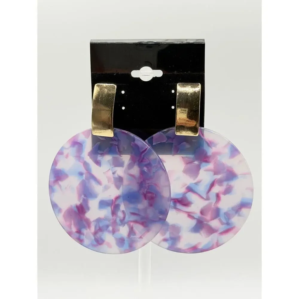 Purple Blue Acrylic Disc Statement Earrings | Retro Gold Tone